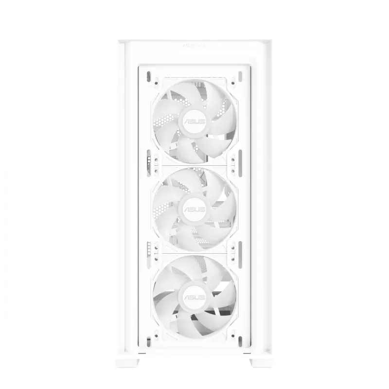 PC korpusas ASUS A21 PLUS Micro ATX baltas — palaiko Micro ATX/Mini-ITX, 3x120mm priekiniai ventiliatoriai, 1x120mm galinis, 360mm priekinis radiatorius, GPU iki 380 mm