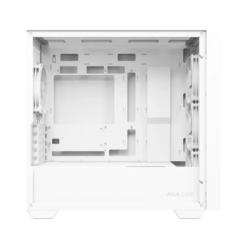 PC korpusas ASUS A21 PLUS Micro ATX baltas — palaiko Micro ATX/Mini-ITX, 3x120mm priekiniai ventiliatoriai, 1x120mm galinis, 360mm priekinis radiatorius, GPU iki 380 mm