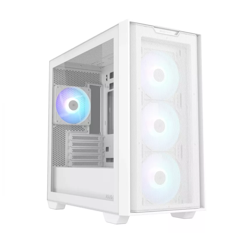 PC korpusas ASUS A21 PLUS Micro ATX baltas — palaiko Micro ATX/Mini-ITX, 3x120mm priekiniai ventiliatoriai, 1x120mm galinis, 360mm priekinis radiatorius, GPU iki 380 mm