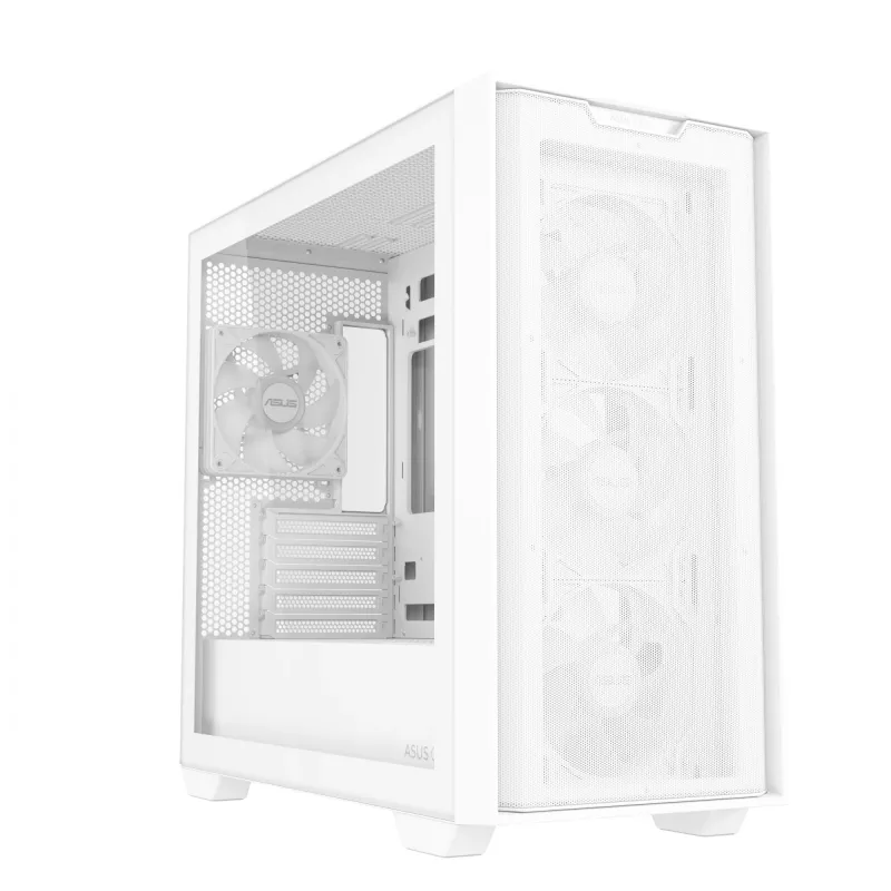 PC korpusas ASUS A21 PLUS Micro ATX baltas — palaiko Micro ATX/Mini-ITX, 3x120mm priekiniai ventiliatoriai, 1x120mm galinis, 360mm priekinis radiatorius, GPU iki 380 mm