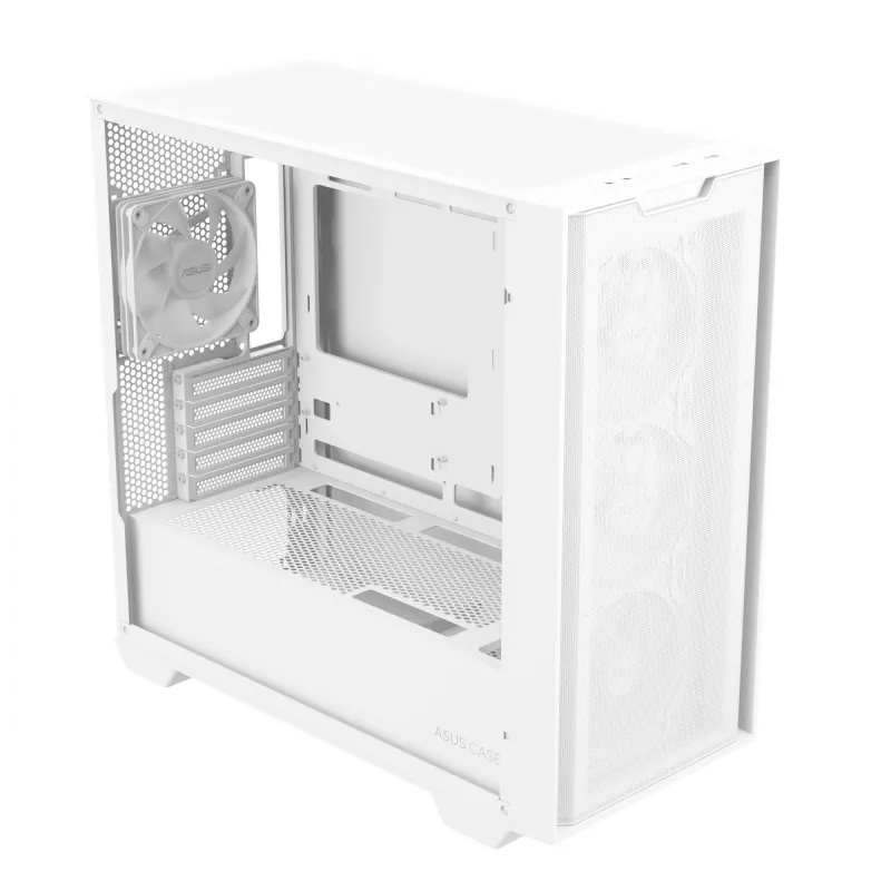 PC korpusas ASUS A21 PLUS Micro ATX baltas — palaiko Micro ATX/Mini-ITX, 3x120mm priekiniai ventiliatoriai, 1x120mm galinis, 360mm priekinis radiatorius, GPU iki 380 mm