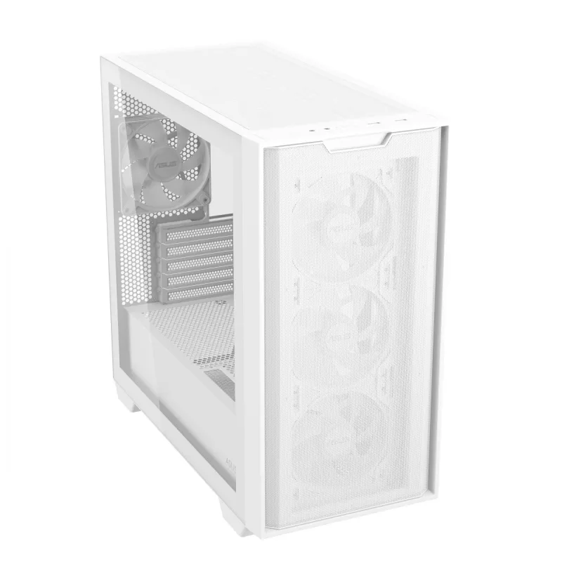 PC korpusas ASUS A21 PLUS Micro ATX baltas — palaiko Micro ATX/Mini-ITX, 3x120mm priekiniai ventiliatoriai, 1x120mm galinis, 360mm priekinis radiatorius, GPU iki 380 mm