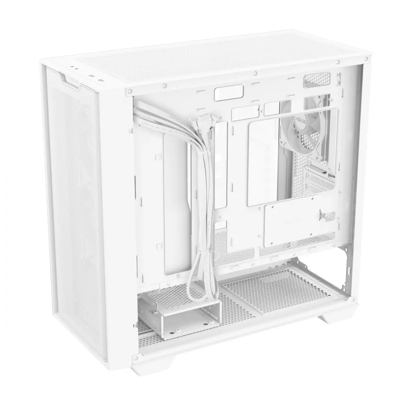 PC korpusas ASUS A21 PLUS Micro ATX baltas — palaiko Micro ATX/Mini-ITX, 3x120mm priekiniai ventiliatoriai, 1x120mm galinis, 360mm priekinis radiatorius, GPU iki 380 mm