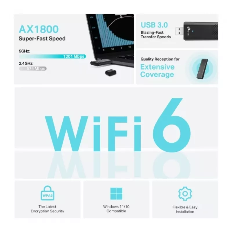 TP-Link Archer AX1800 Dual Band Wi-Fi 6 USB adapteris