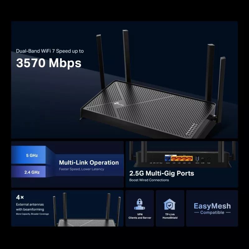 TP-Link Archer BE230 belaidis maršrutizatorius 2.5 Gigabit Ethernet Dviejų juostų (2,4 GHz / 5 GHz) Juoda
