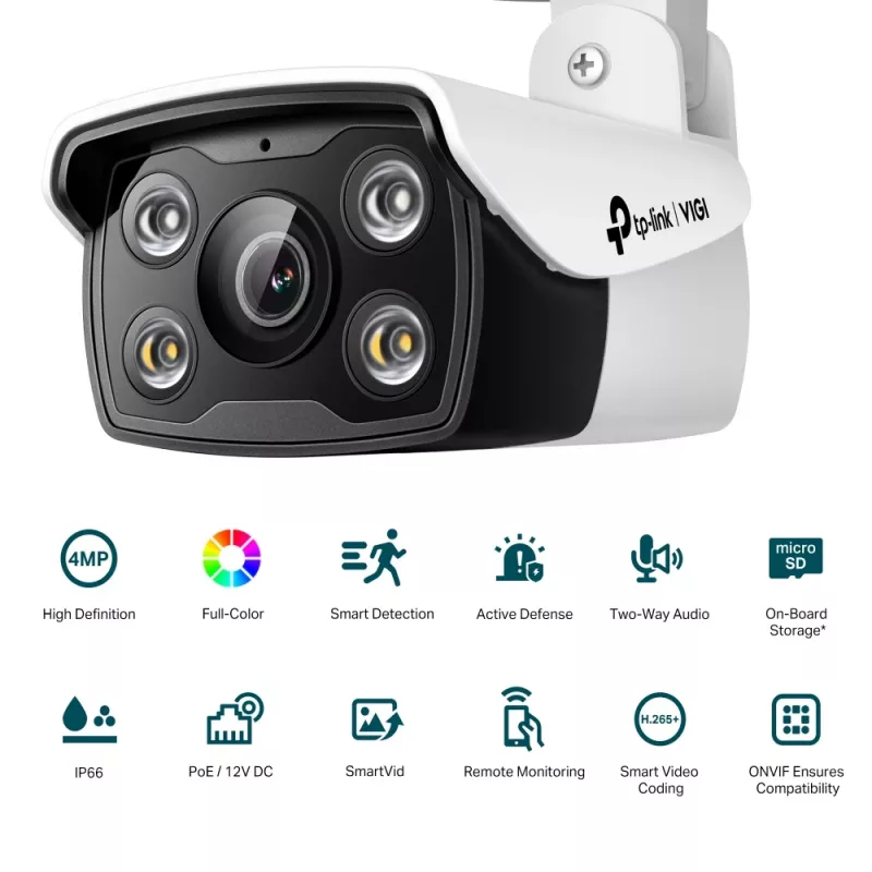 TP-Link VIGI 4MP lauko visiškai spalvota kulkos formos tinklo kamera, IP apsaugos kamera, Lauko, Laidinis, Lubos/Siena/Stulpas, Juoda, Balta, Kulkos