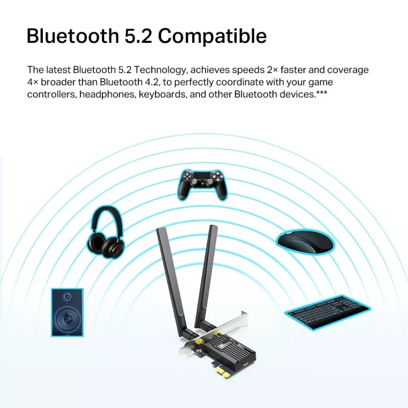 TP-Link AX1800 Wi-Fi 6 Bluetooth 5.2 PCIe adapteris, vidinis, belaidis, PCI Express, WLAN / Bluetooth, 1800 Mbit/s, juoda