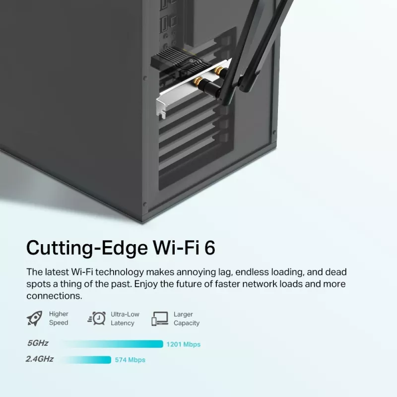 TP-Link AX1800 Wi-Fi 6 Bluetooth 5.2 PCIe adapteris, vidinis, belaidis, PCI Express, WLAN / Bluetooth, 1800 Mbit/s, juoda