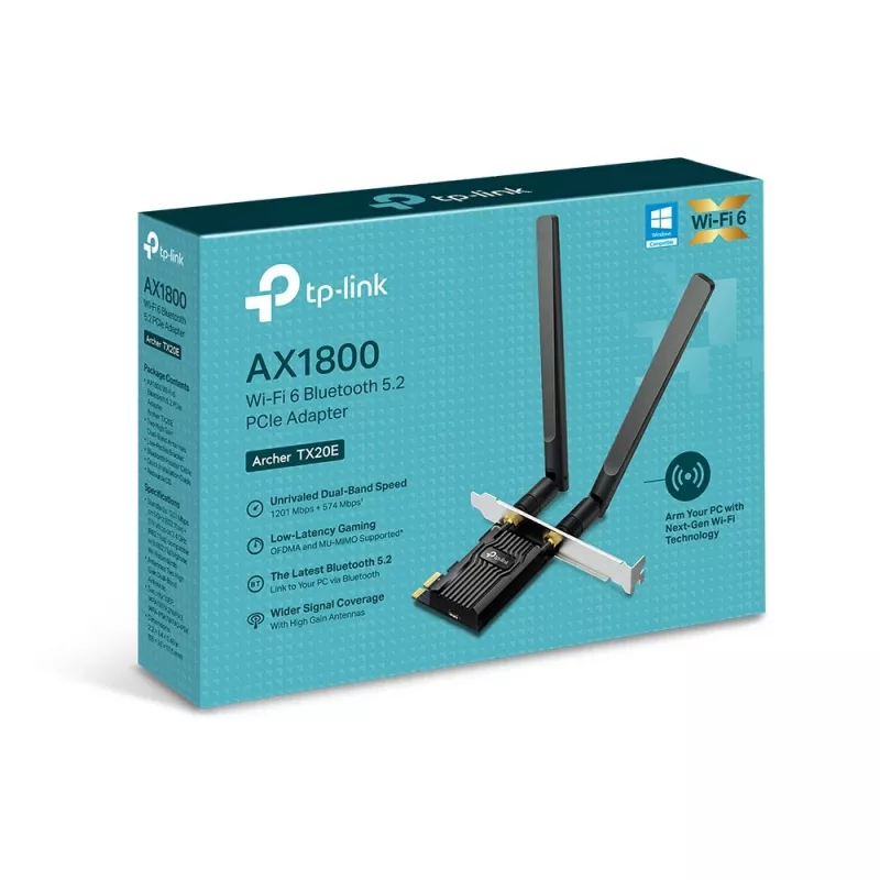 TP-Link AX1800 Wi-Fi 6 Bluetooth 5.2 PCIe adapteris, vidinis, belaidis, PCI Express, WLAN / Bluetooth, 1800 Mbit/s, juoda