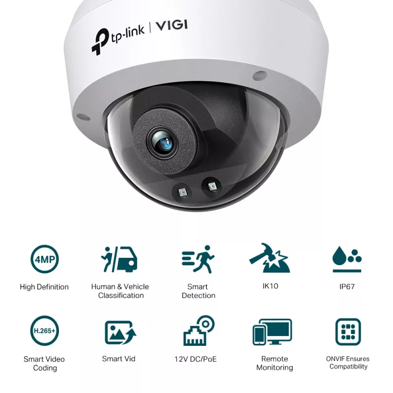 TP-Link VIGI 4MP IR kupolinė tinklo kamera, IP apsaugos kamera, vidaus ir lauko, laidinė, CE, BSMI, VCCI, ONVIF, lubos/siena, juoda, balta