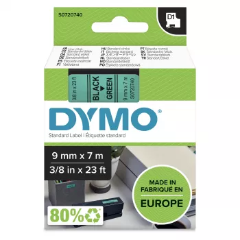 DYMO autentiškos D1 etiketės | Juodas spausdinimas ant žalios juostos | 9 mm x 7 m | Lipnios etiketės LabelManager etikečių spausdintuvams | Pagaminta Europoje