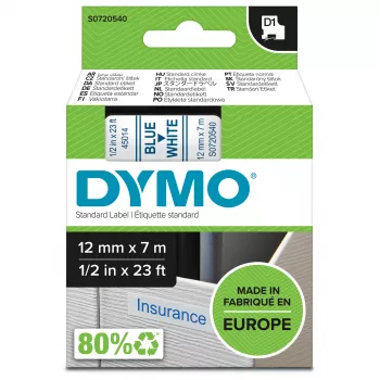 DYMO autentiškos D1 etiketės | Mėlynas spausdinimas ant baltos juostos | 12 mm x 7 m | Lipnios etiketės LabelManager etikečių spausdintuvams | Pagaminta Europoje