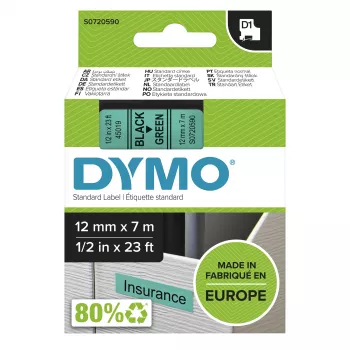 DYMO autentiškos D1 etiketės | Juodas spausdinimas ant žalios juostos | 12 mm x 7 m | Lipnios etiketės LabelManager etikečių spausdintuvams | Pagaminta Europoje