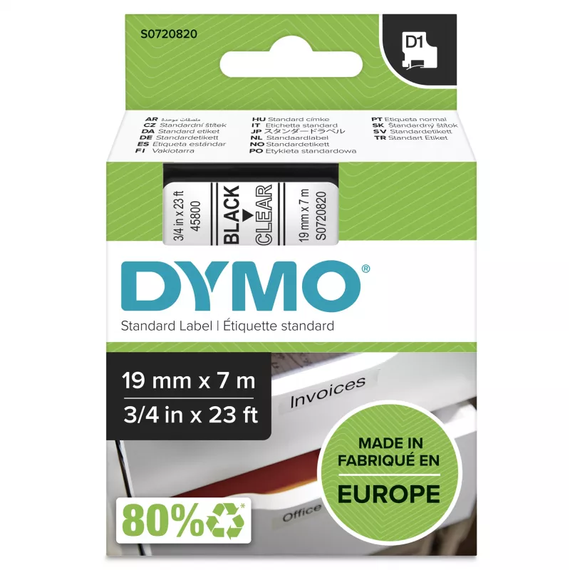 DYMO autentiškos D1 etiketės | Juodas spausdinimas ant skaidrios juostos | 19 mm x 7 m | Lipnios etiketės LabelManager etikečių spausdintuvams | Pagaminta Europoje