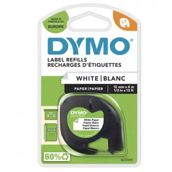 DYMO LetraTag popierinės etiketės | Originalios | 12 mm x 4 m ritinėlis | Juodas spaudinys ant baltos | Lipnios universalios etiketės LetraTag etikečių gamintojams | Pagaminta Europoje