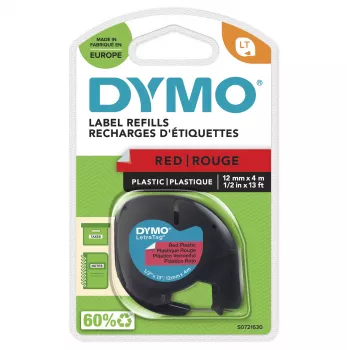 DYMO markės LetraTag plastikinės etiketės | 12 mm x 4 m rulonas | Juodas spausdinimas ant raudonų etikečių | UniversaliosLipnios etiketės, skirtos LetraTag etikečių gamybos prietaisams