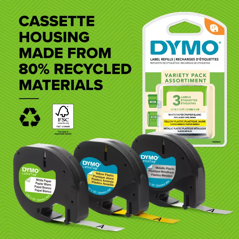 DYMO markės LetraTag plastikinės etiketės | 12 mm x 4 m rulonas | Juodas spausdinimas ant raudonų etikečių | UniversaliosLipnios etiketės, skirtos LetraTag etikečių gamybos prietaisams