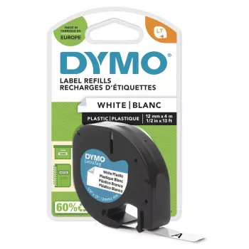 DYMO firminės LetraTag plastikinės etiketės | 12 mm x 4 m ritinėlis | juodas spausdinimas ant baltų etikečių | universalios lipnios etiketės, skirtos LetraTag etikečių gamintojams | 1 vnt.