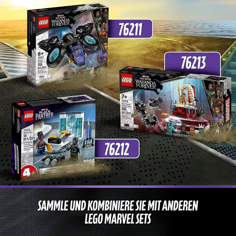 LEGO Marvel rinkinys 76211 Shuri laivas — statomas žaidimų rinkinys su mini figūrėlėmis