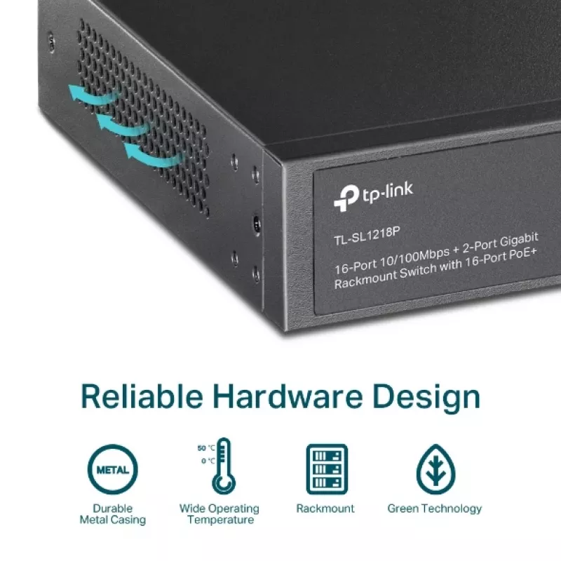 TP-Link 16 prievadų 10/100 Mbps + 2 prievadų Gigabit stelažinis PoE jungiklis su 16 prievadų PoE+