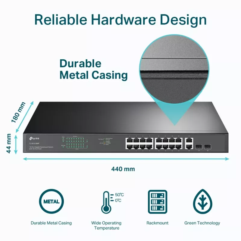 TP-Link 18 prievadų gigabito stovo montavimo jungiklis su 16 PoE+, nevaldomas, Gigabit Ethernet (10/100/1000), pilnas dupleksas, maitinimas per Ethernet (PoE), montavimas stove, 1U