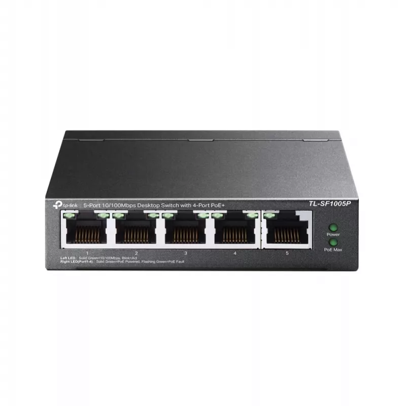 TP-Link 5 prievadų 10/100Mbps stalinis PoE jungiklis su 4 prievadais, nevaldomas, Fast Ethernet (10/100), Full duplex, Power over Ethernet (PoE)