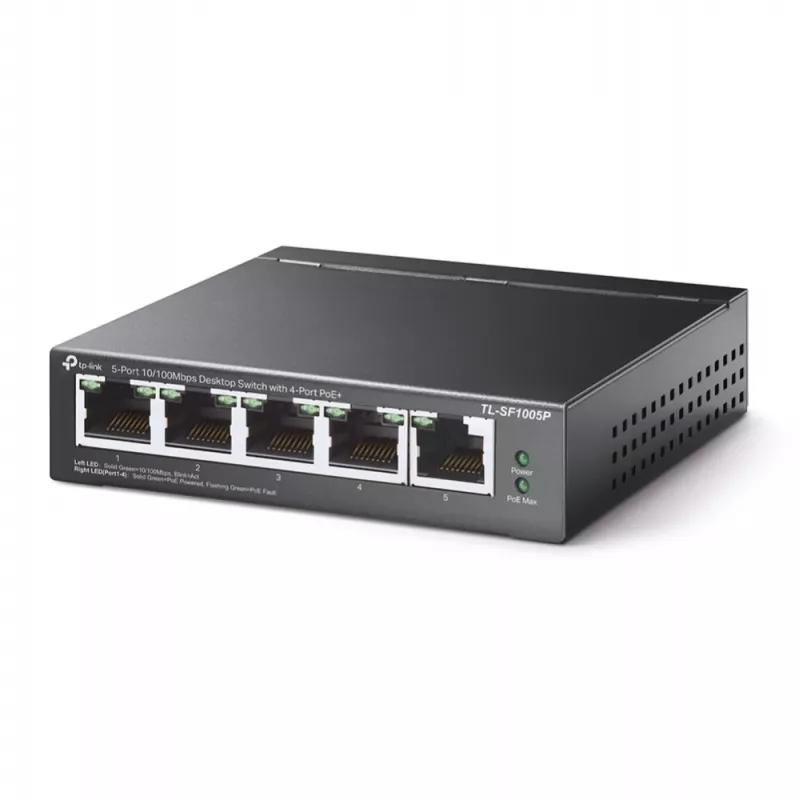 TP-Link 5 prievadų 10/100Mbps stalinis PoE jungiklis su 4 prievadais, nevaldomas, Fast Ethernet (10/100), Full duplex, Power over Ethernet (PoE)