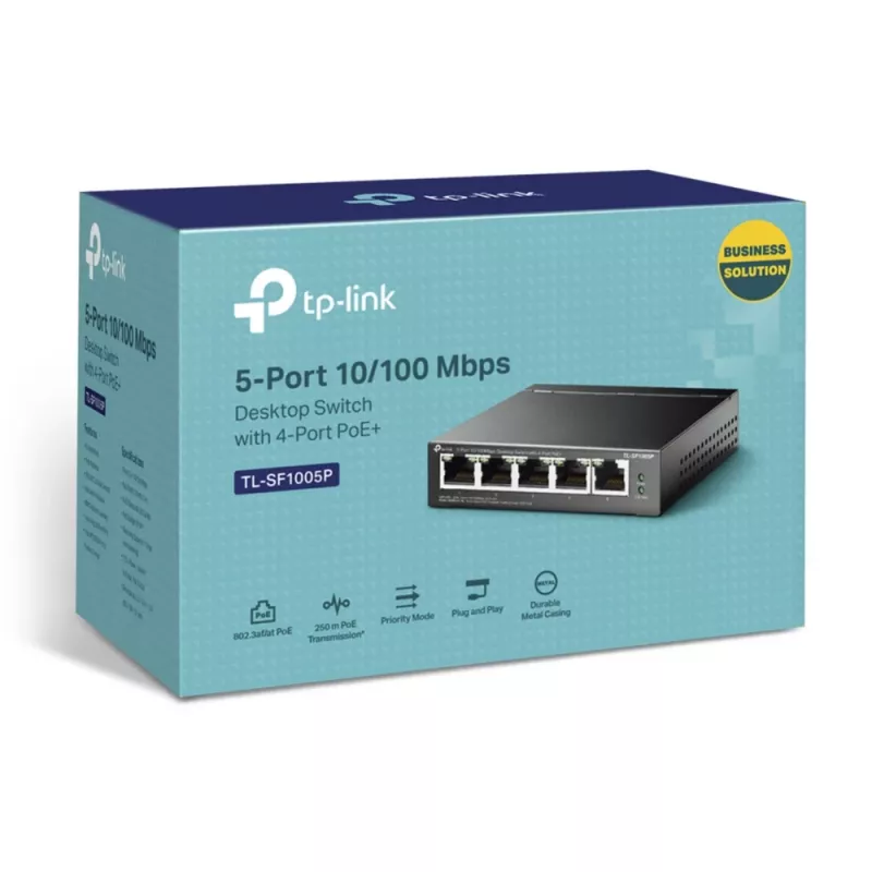 TP-Link 5 prievadų 10/100Mbps stalinis PoE jungiklis su 4 prievadais, nevaldomas, Fast Ethernet (10/100), Full duplex, Power over Ethernet (PoE)