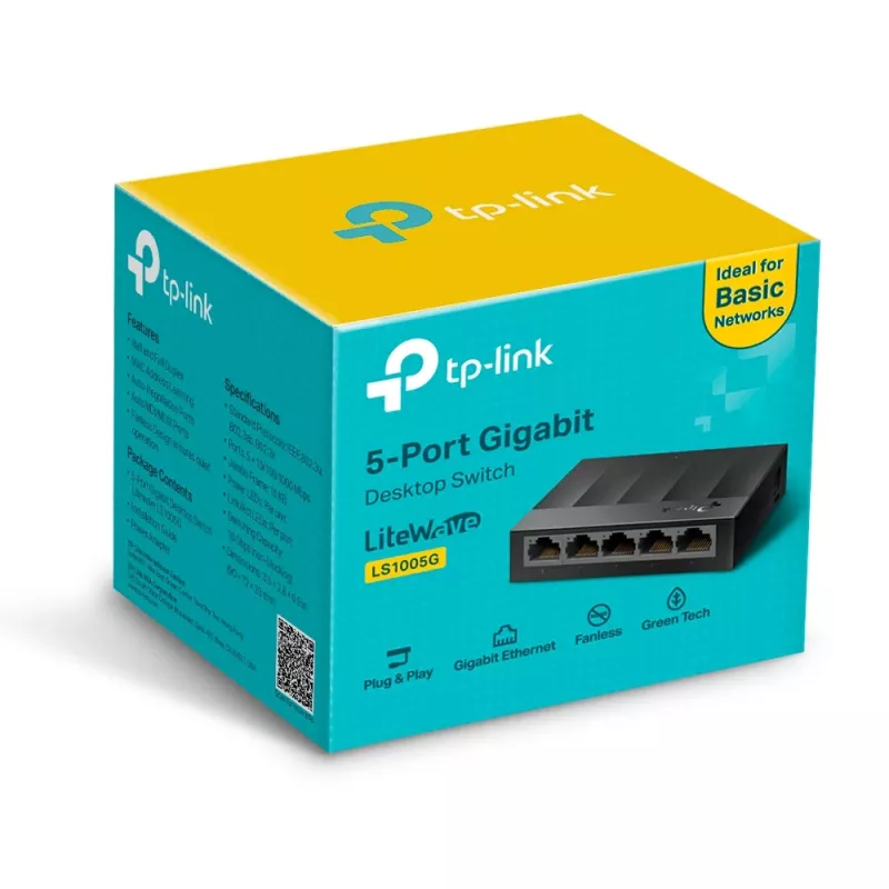TP-Link 5 prievadų 10/100/1000Mbps darbalaukio tinklo jungiklis, nevaldomas, Gigabit Ethernet (10/100/1000), montuojamas ant sienos