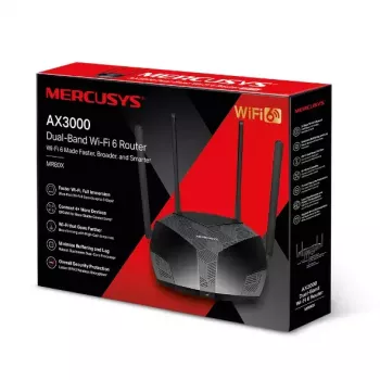 Stalinis maršrutizatorius MERCUSYS MR80X — dviejų juostų „Wi‑Fi 6“ (802.11ax), 3000 Mbps, 4 išorinės antenos, 3 „Gigabit LAN“ prievadai