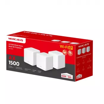 Tinklo sistema MERCUSYS Halo H60X (3 vnt.) — Dviejų juostų „Wi‑Fi 6“, iki 1500 Mbps, aprėptis 550 m², 2× LAN prievadai