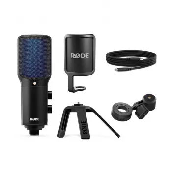 Kondensatorinis USB PC mikrofonas RØDE NT-USB+ — kardioidinis, 24 bitų/48 kHz, 20–20000 Hz, 3,5 mm ausinių išvestis, USB-C, juodas