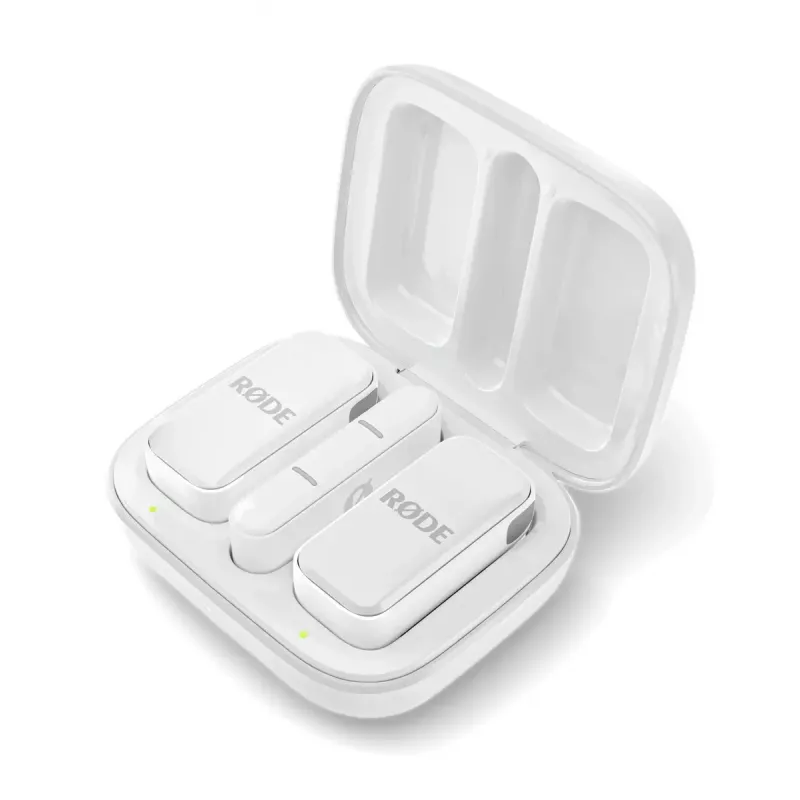 Clip-on mikrofonas RØDE Wireless Micro — belaidis USB lavalier, 20–20000 Hz, 24 bitų, 100 m veikimo nuotolis, baltas
