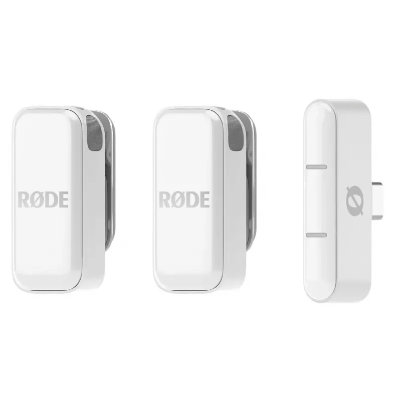 Clip-on mikrofonas RØDE Wireless Micro — belaidis USB lavalier, 20–20000 Hz, 24 bitų, 100 m veikimo nuotolis, baltas