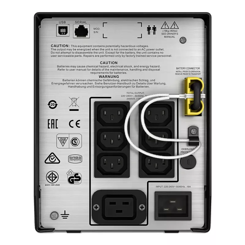 APC Smart-UPS C, Line Interactive, 2000VA, Tower, 230V, 6x IEC C13+1x IEC C19 išėjimai, USB ir nuoseklioji komunikacija, AVR, grafinis LCD