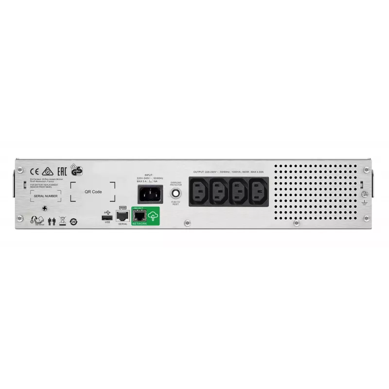 APC Smart-UPS C, linijinis interaktyvus, 1000VA, stelažinis 2U, 230V, 4x IEC C13 lizdai, SmartConnect prievadas, USB ir nuoseklusis ryšys, AVR, grafinis LCD