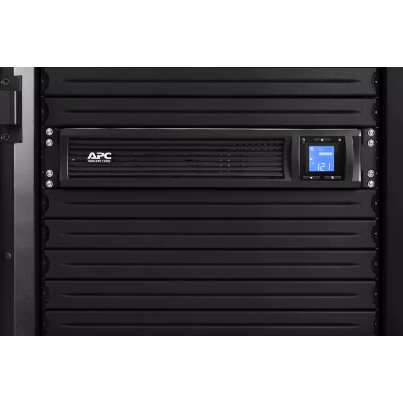 APC Smart-UPS C, linijinis interaktyvus, 1000VA, stelažinis 2U, 230V, 4x IEC C13 lizdai, SmartConnect prievadas, USB ir nuoseklusis ryšys, AVR, grafinis LCD