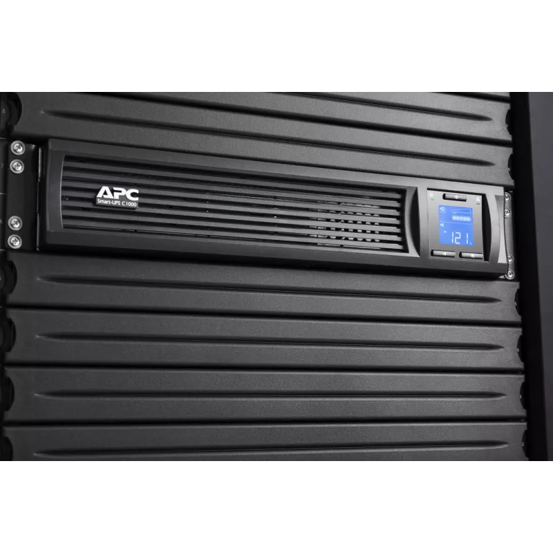 APC Smart-UPS C, linijinis interaktyvus, 1000VA, stelažinis 2U, 230V, 4x IEC C13 lizdai, SmartConnect prievadas, USB ir nuoseklusis ryšys, AVR, grafinis LCD