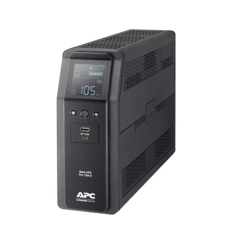 APC Back-UPS Pro, 1200VA/720W, bokštinis, 230V, 8x IEC C13 lizdai, sinusoidė, AVR, USB Typee A + C prievadai, LCD, vartotojo keičiama baterija