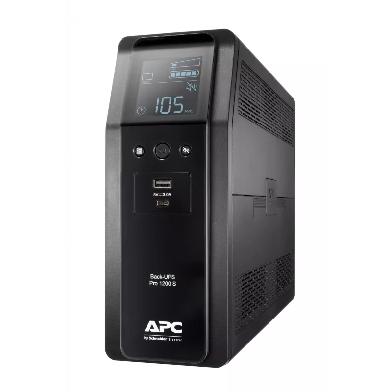 APC Back-UPS Pro, 1200VA/720W, bokštinis, 230V, 8x IEC C13 lizdai, sinusoidė, AVR, USB Typee A + C prievadai, LCD, vartotojo keičiama baterija
