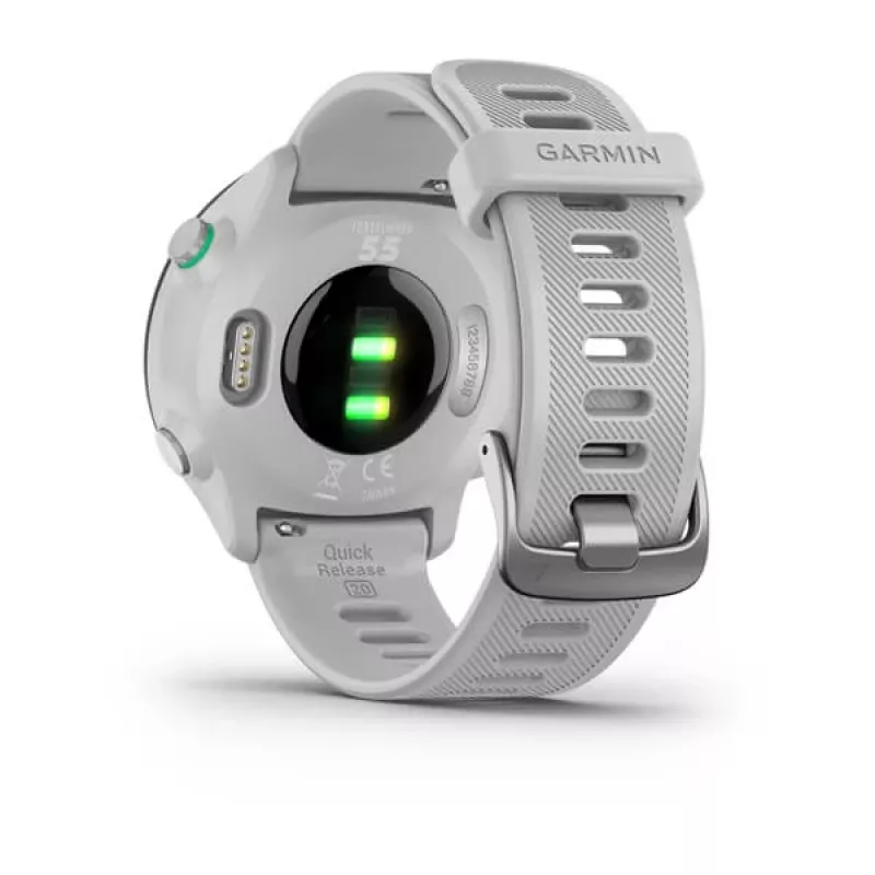 Išmanusis laikrodis GARMIN Forerunner 55 — 42 mm apvalus sportinis laikrodis, GPS/GLONASS/Galileo, 14 dienų baterija, 5 ATM, silikoninis baltas dirželis