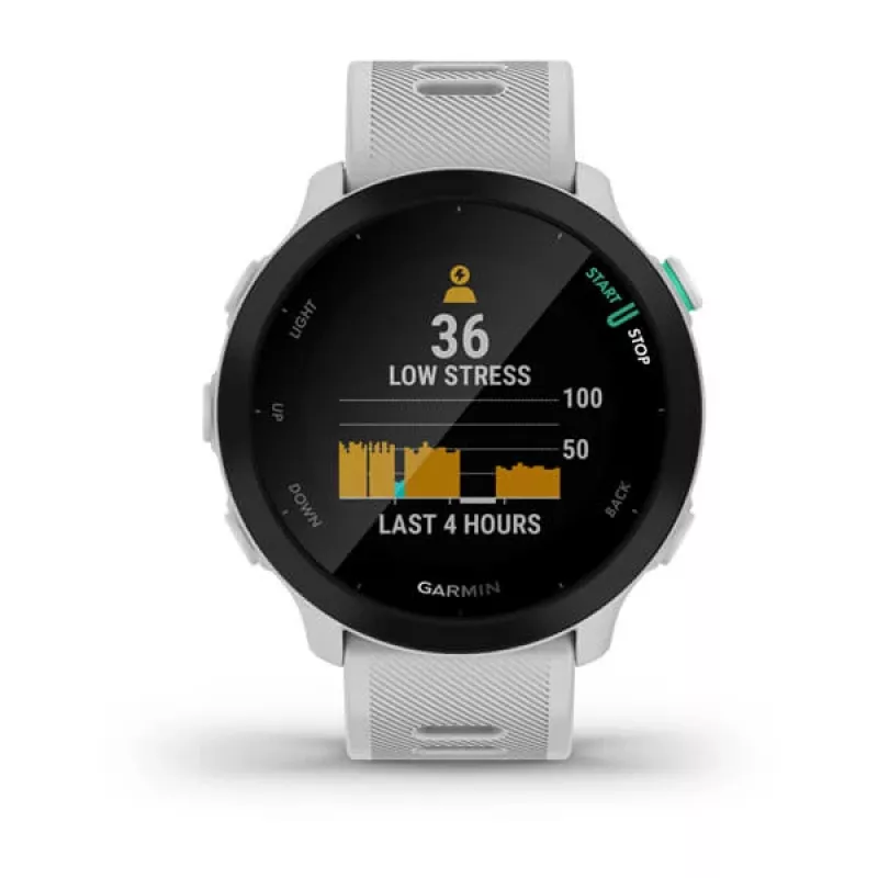 Išmanusis laikrodis GARMIN Forerunner 55 — 42 mm apvalus sportinis laikrodis, GPS/GLONASS/Galileo, 14 dienų baterija, 5 ATM, silikoninis baltas dirželis