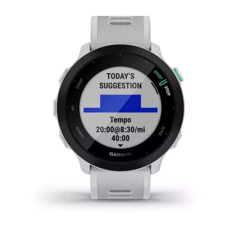 Išmanusis laikrodis GARMIN Forerunner 55 — 42 mm apvalus sportinis laikrodis, GPS/GLONASS/Galileo, 14 dienų baterija, 5 ATM, silikoninis baltas dirželis