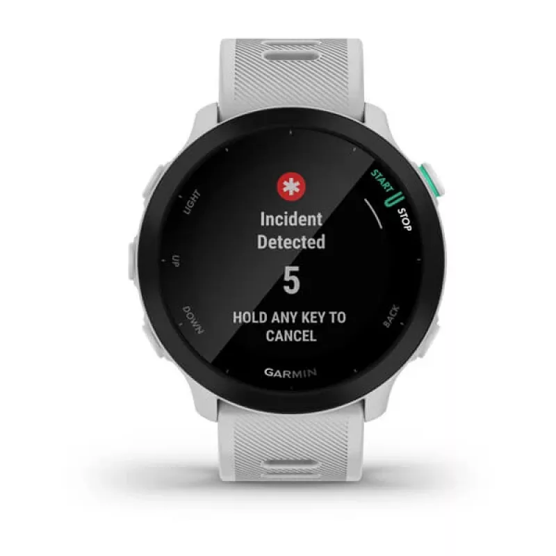 Išmanusis laikrodis GARMIN Forerunner 55 — 42 mm apvalus sportinis laikrodis, GPS/GLONASS/Galileo, 14 dienų baterija, 5 ATM, silikoninis baltas dirželis