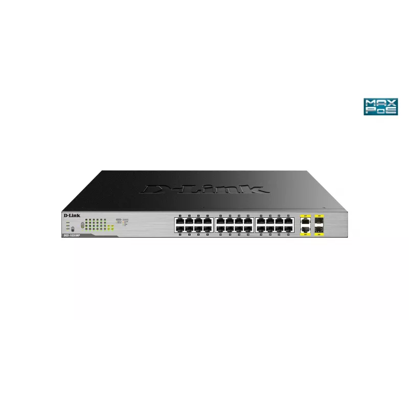 D-Link 24 prievadų stalinis Gigabit nevaldomas PoE jungiklis su 2 x 100/1000Mbps kombinuotais prievadais