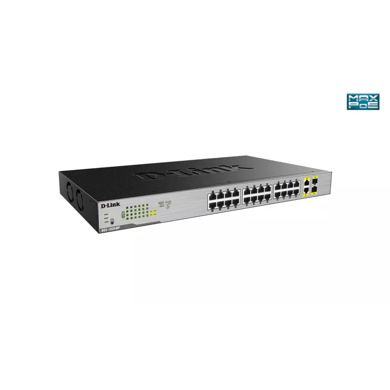 D-Link 24 prievadų stalinis Gigabit nevaldomas PoE jungiklis su 2 x 100/1000Mbps kombinuotais prievadais
