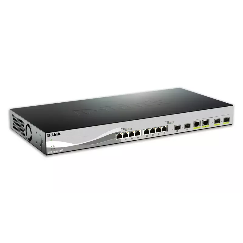 D-Link DXS-1210-12TC/E tinklo jungiklis, valdomas L2, 10G Ethernet (100/1000/10000), 1U, juodas, sidabrinis