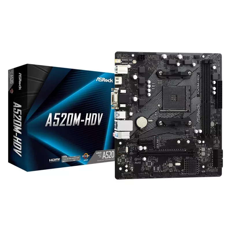 ASRock pagrindinė plokštė A520M-HDV AM4 AMD A520 2 x DDR4 USB 3.2 SATA 3 7.1 kanalo HD garsas mATX