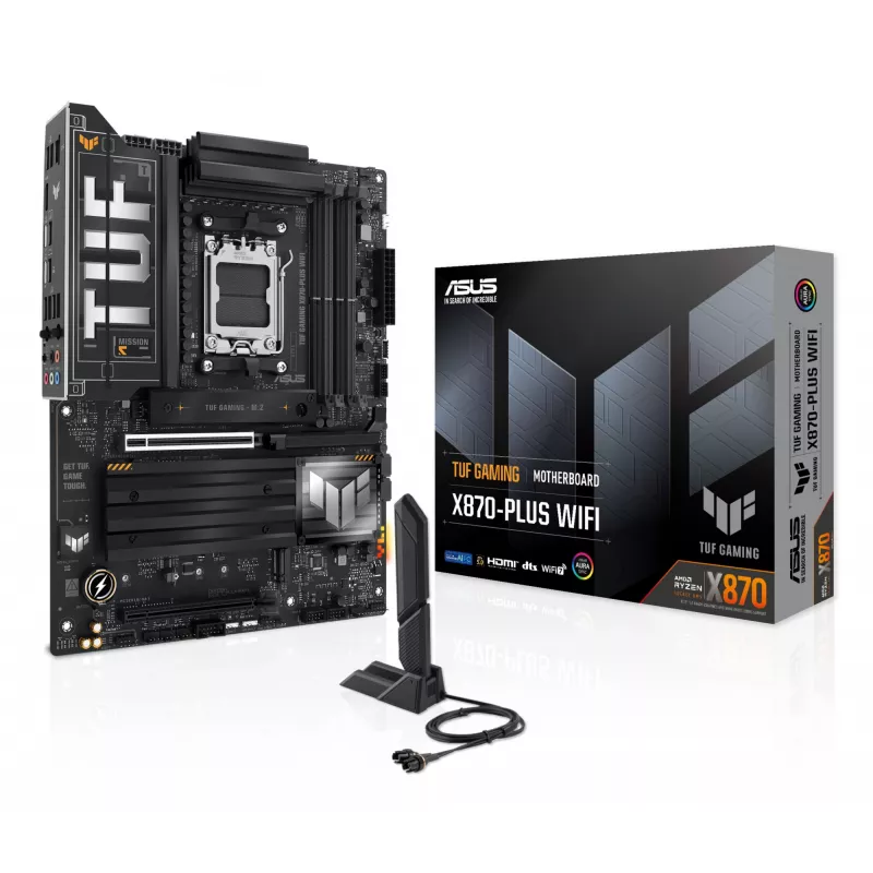 Motininė plokštė ASUS TUF GAMING X870-PLUS WIFI — AMD X870, Socket AM5, ATX, DDR5, 4 DIMM, Wi‑Fi 7, Bluetooth 5.4