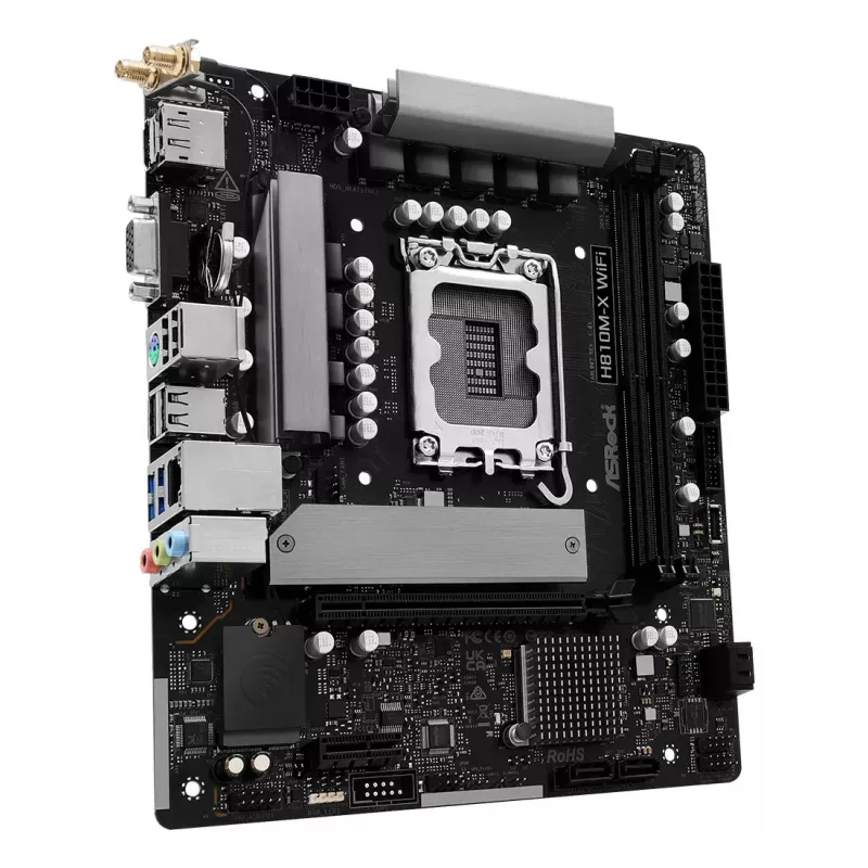 Motininė plokštė ASRock H810M-X WiFi — Intel H810, LGA 1851, microATX, DDR5, 2 DIMM, 128 GB, Wi‑Fi 5, 2,5 Gb LAN, M.2, SATA III